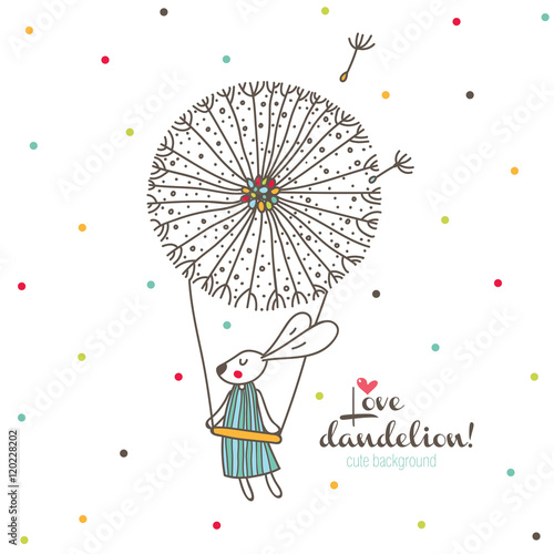 Mother rabbit flying on a dandelion. Vector greeting card.