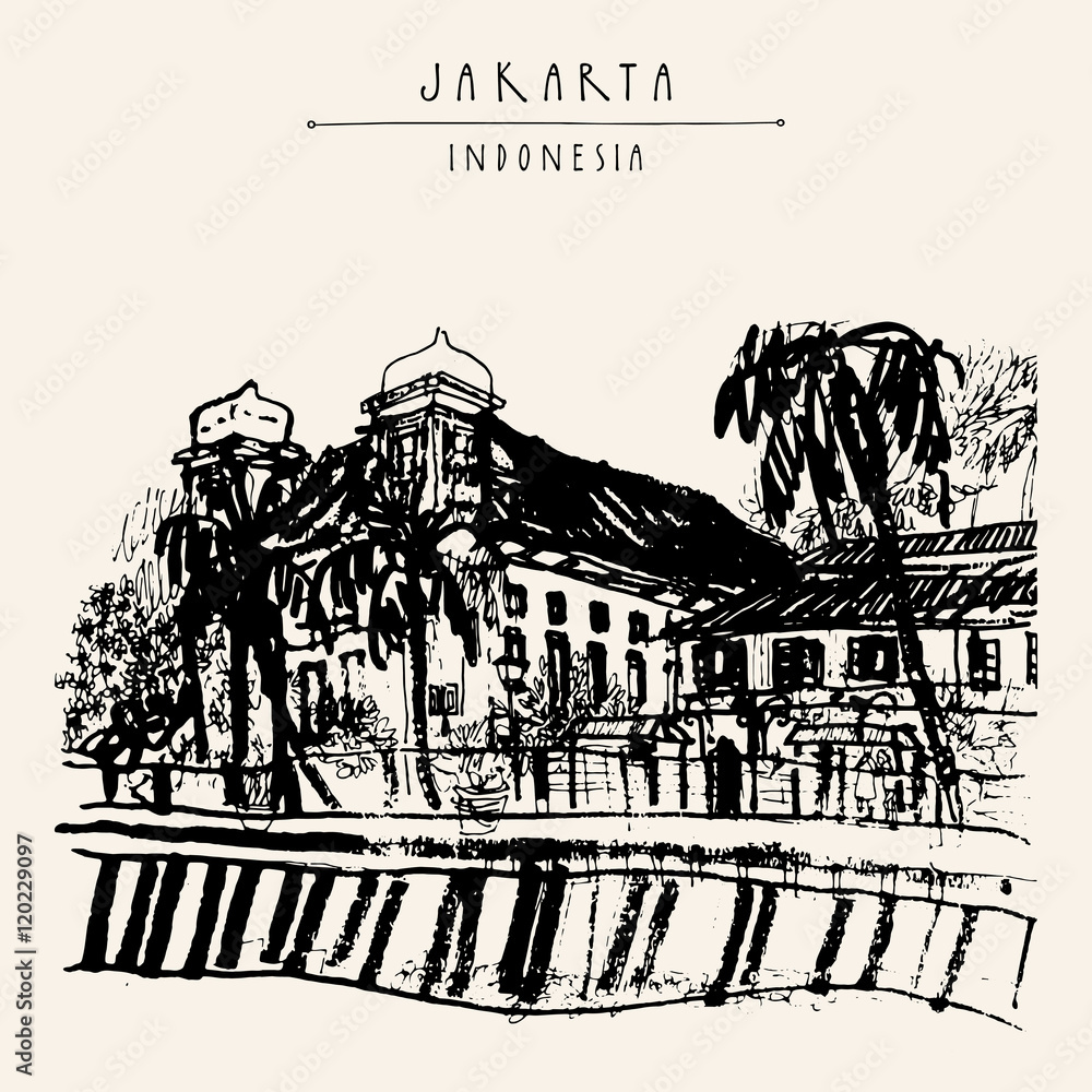 Obraz premium Old church on the river bank in Kota, Jakarta, Indonesia, Asia. Colonial architecture. Travel sketch. Hand-drawn vintage book illustration, greeting card, postcard or poster template