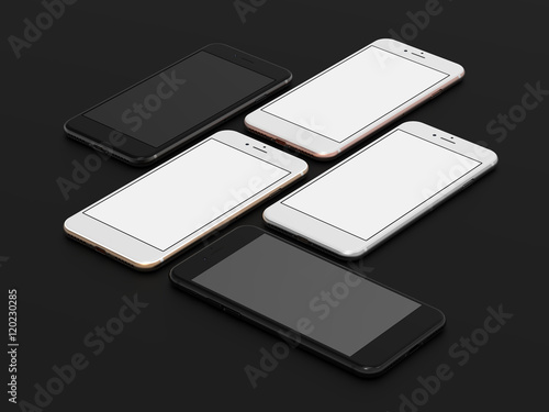 Set of five smartphones gold, rose, silver, black and black polished - blank screen and isolated on dark background, high resolution,  Template, mockup.