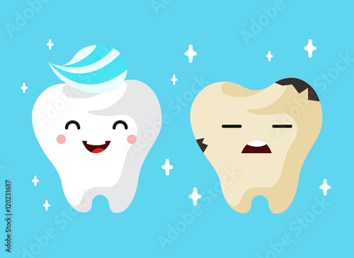 Healthy and unhealthy sad tooth cartoon characters