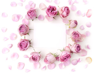 Framework from roses on white background. Flat lay. Top view
