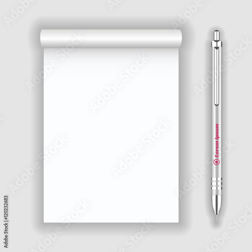 Blank realistic notepad notebook and pen isolated on white background. Display Mock up for corporate identity and promotion objects