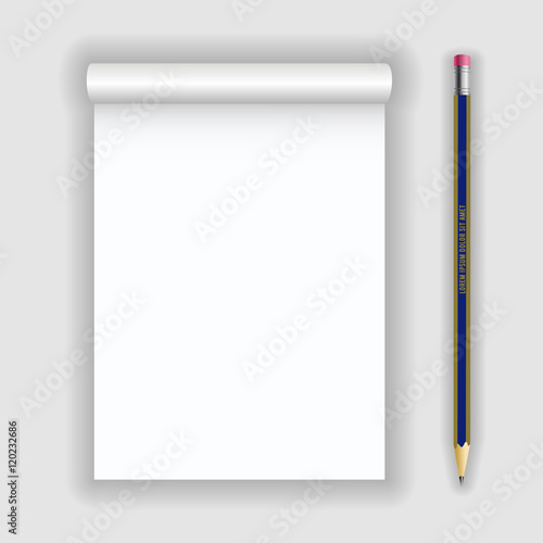 Blank realistic notepad notebook and pencil isolated on white background. Display Mock up for corporate identity and promotion objects