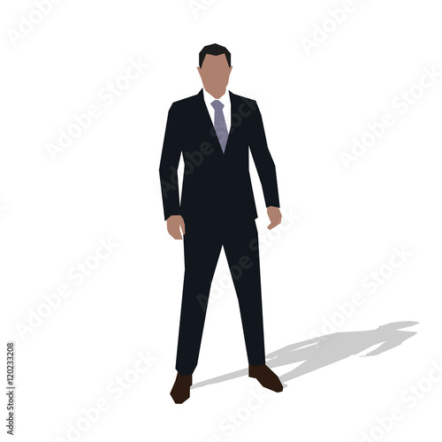 Businessman standing astride with hands pulled inward. Man is fa