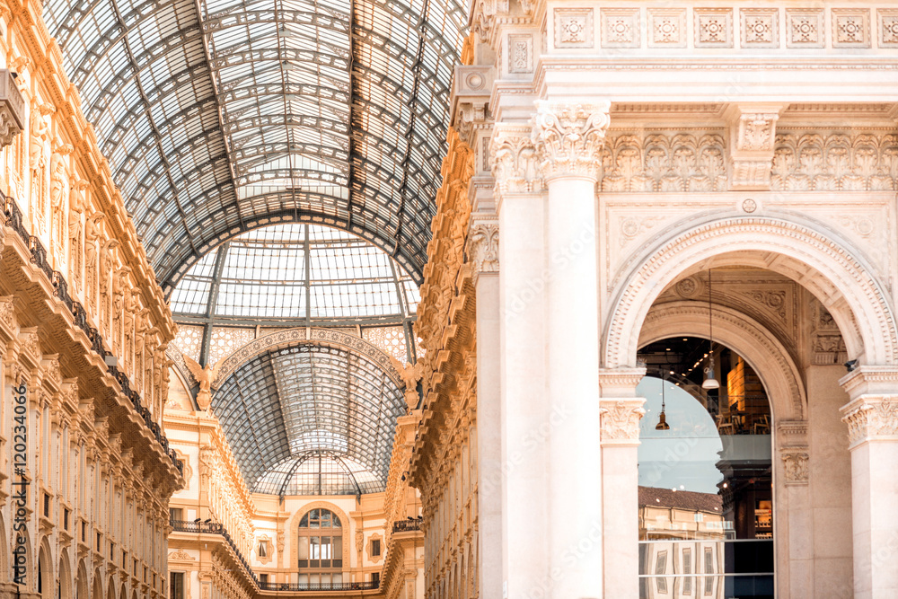 Architecture of the famous Vittorio Emanuele shopping gallery in the center of Milan city.