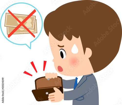 財布にお金が入っていなくて困っているスーツの男性
