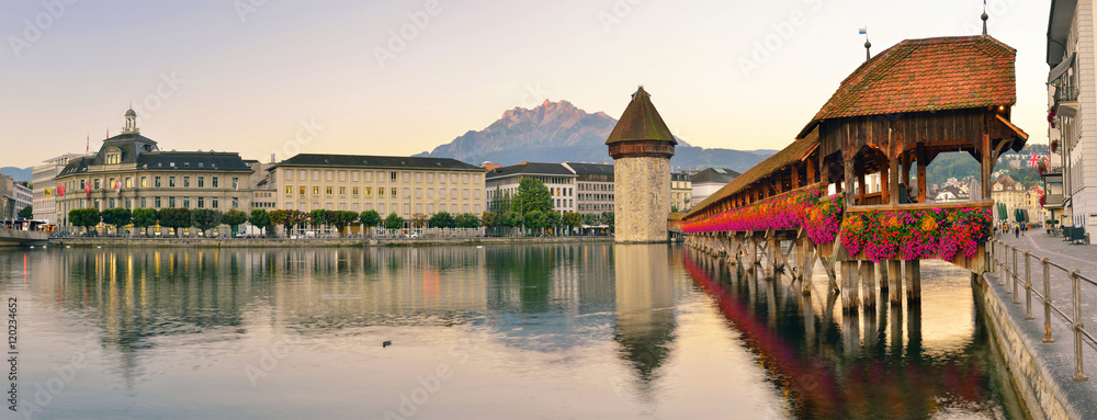 Panorama of historic city center of Lucerne with famous Chapel B