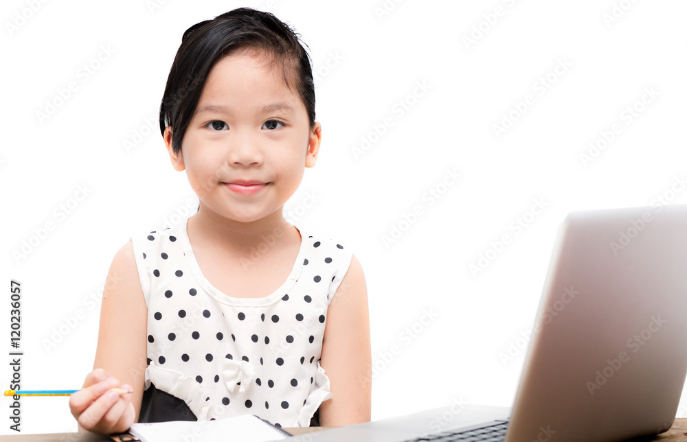 cute student girl writing homework with laptop computer cute student girl writing homework with laptop computer