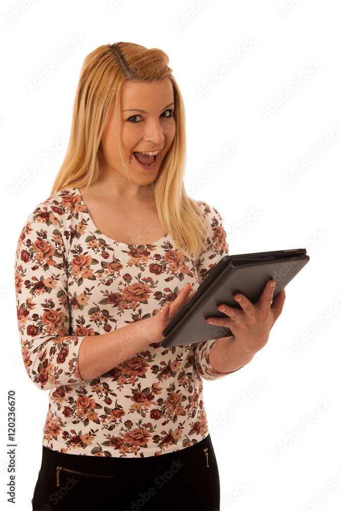 Cute blond woman with tablet computer isolated over white backgr Cute blond woman with tablet computer isolated over white backgr