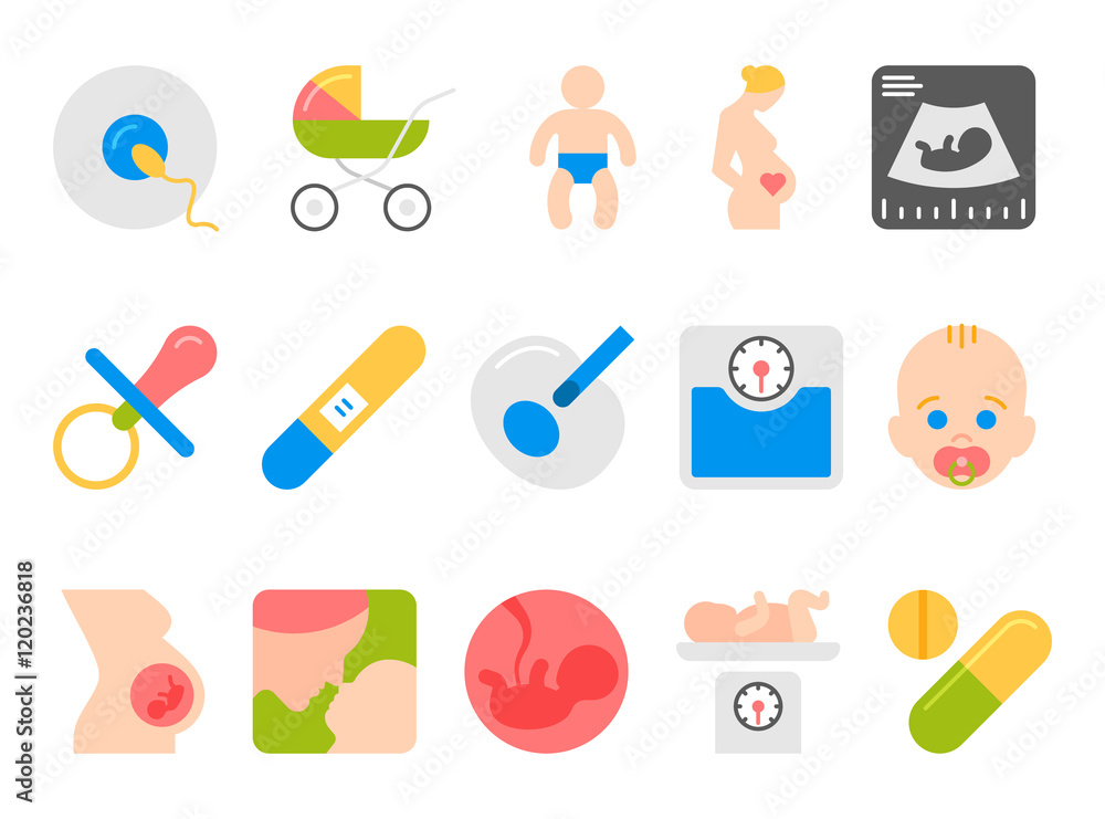 Medicine, pregnancy, motherhood vector flat icons Medicine, pregnancy, motherhood vector flat icons
