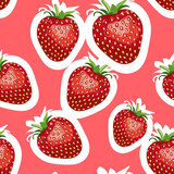 Pattern of realistic image of delicious big strawberries different sizes. Red background