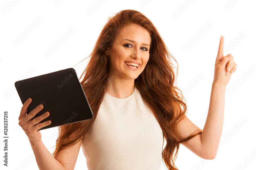 business Woman with tablet pointing into copy space as a gesture business Woman with tablet pointing into copy space as a gesture