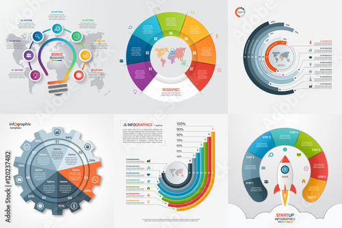 Set of six infographic 7 options, steps, parts, processes templates. Business concept for graphs, charts, diagrams. Vector illustration.