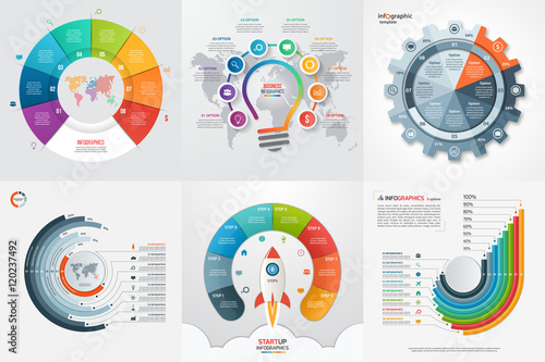 Set of six infographic 8 options, steps, parts, processes templates. Business concept for graphs, charts, diagrams. Vector illustration.