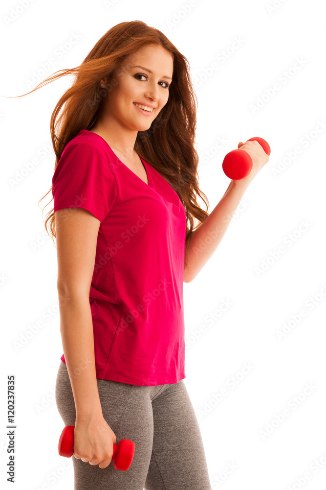 fitness gym - woman works out with dumbbells isolated over white fitness gym - woman works out with dumbbells isolated over white