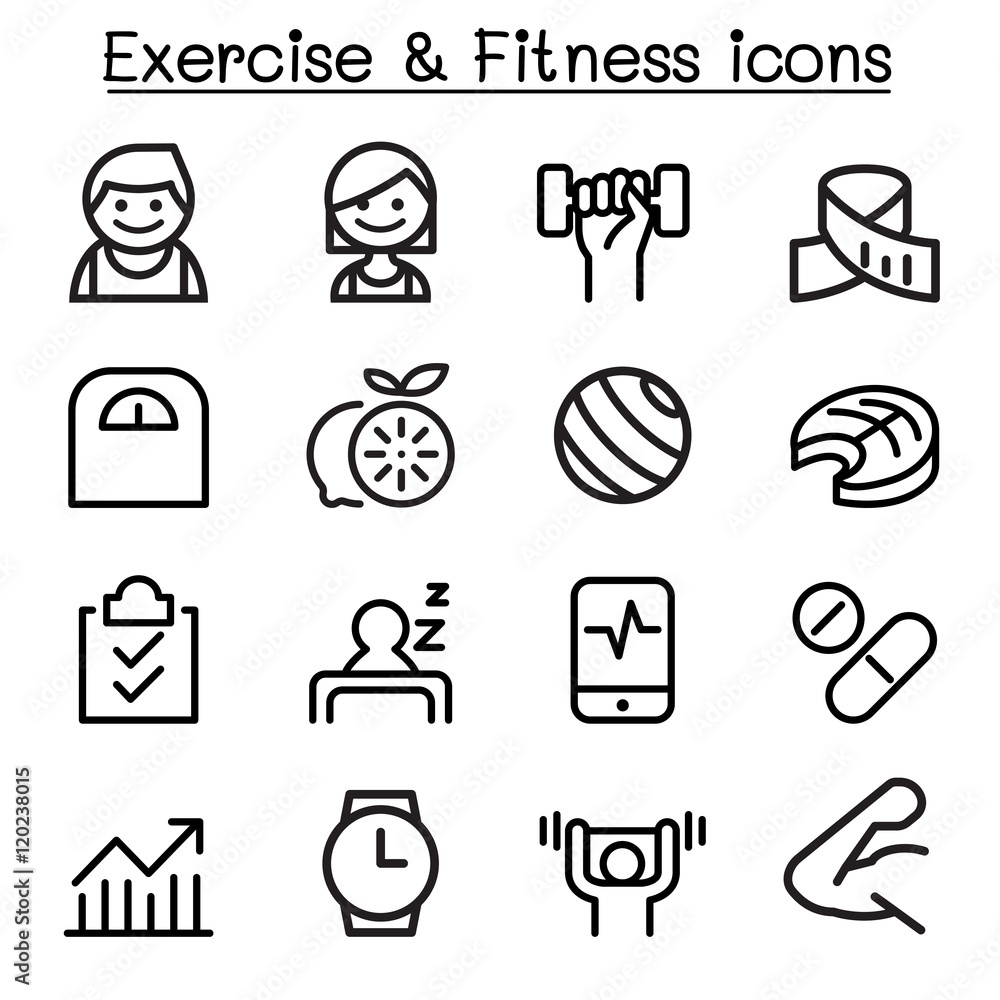 Exercise & Fitness icon set in thin line style Exercise & Fitness icon set in thin line style
