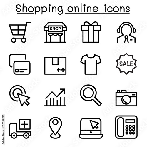Shopping online icon set in thin line style