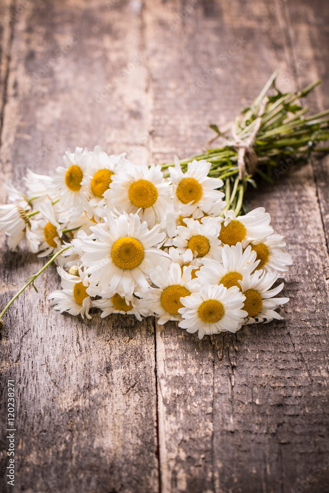 Obraz premium beautiful bouquet of chamomile on vintage wooden table