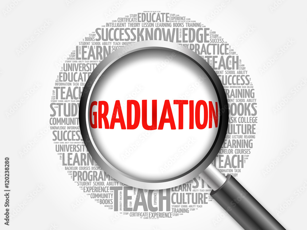 GRADUATION word cloud with magnifying glass, concept 3D illustration GRADUATION word cloud with magnifying glass, concept 3D illustration