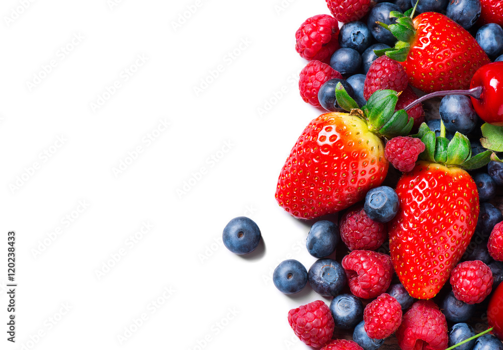 Berries border isolated on white. Summer or Organic berry closeup Berries border isolated on white. Summer or Organic berry closeup