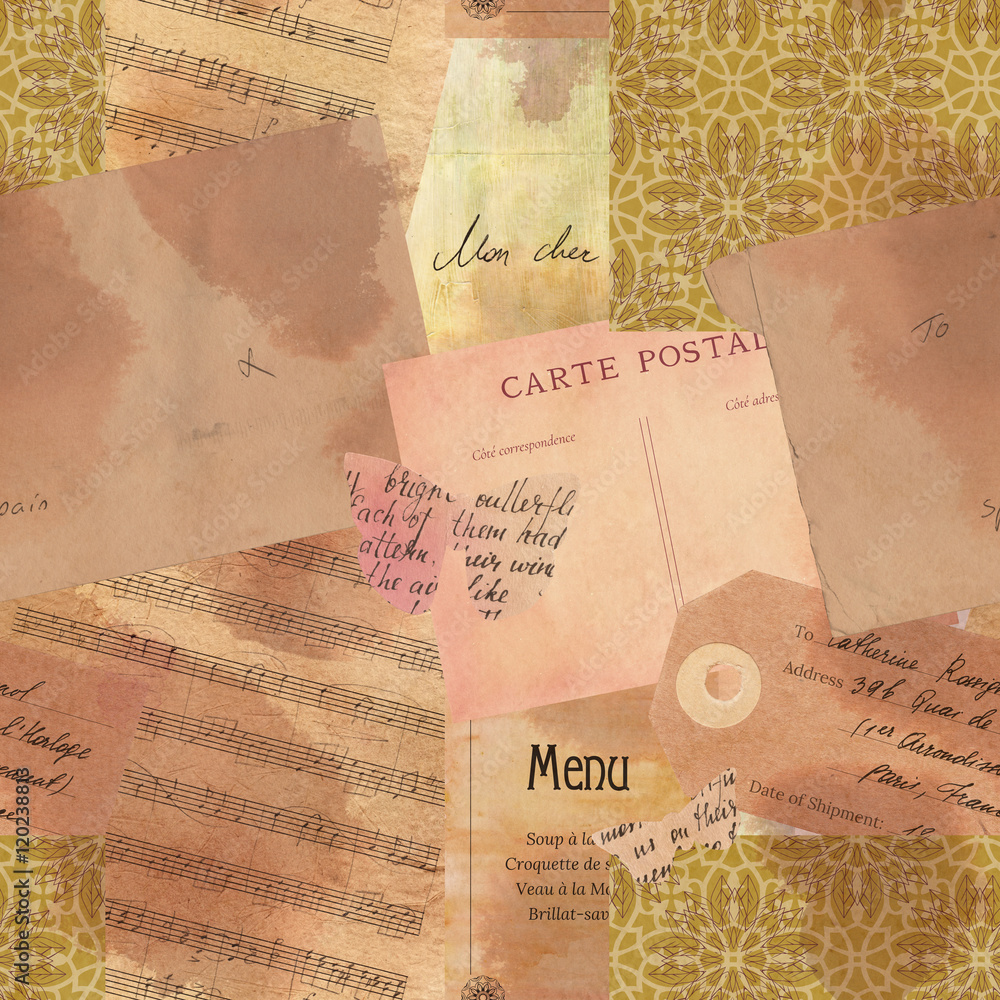 Obraz premium Vintage style seamless pattern with fragments of old ephemera