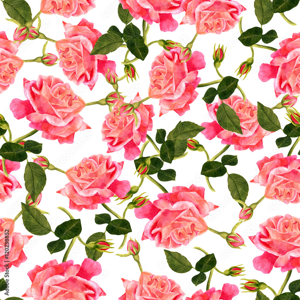 Seamless pattern with watercolor drawing of blooming red rose Seamless pattern with watercolor drawing of blooming red rose