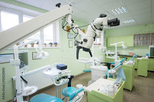 Close-up view of microscope in modern dental ofiice on the background of dental chairs and other equipment used by dentists