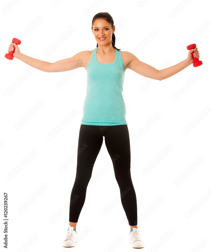 active woman with dumbbells workout in fitness gym isolated over active woman with dumbbells workout in fitness gym isolated over