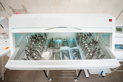 Chamber for sterile storage of medical and surgical instruments in the dentist's office. View from above. Surgery