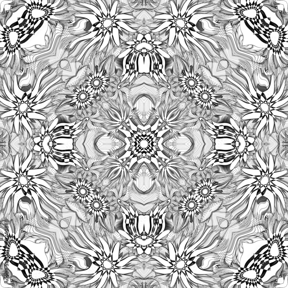 Seamless kaleidoscope decoration with geometric flowers. Vintage background, tile or texture.