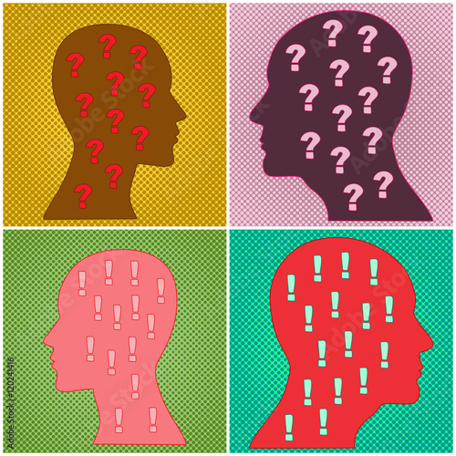 Male and female head in profile. Halftone background. Icon set. Vector illustration.
