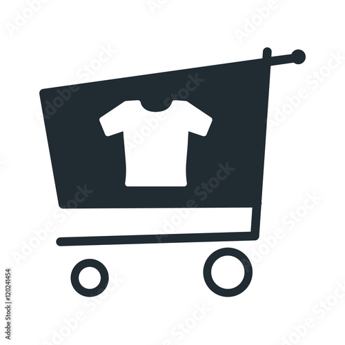 Icono plano camiseta en carro compra sobre fondo blanco