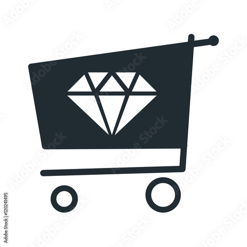 Icono plano diamante en carro compra sobre fondo blanco