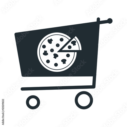 Icono plano pizza en carro compra sobre fondo blanco
