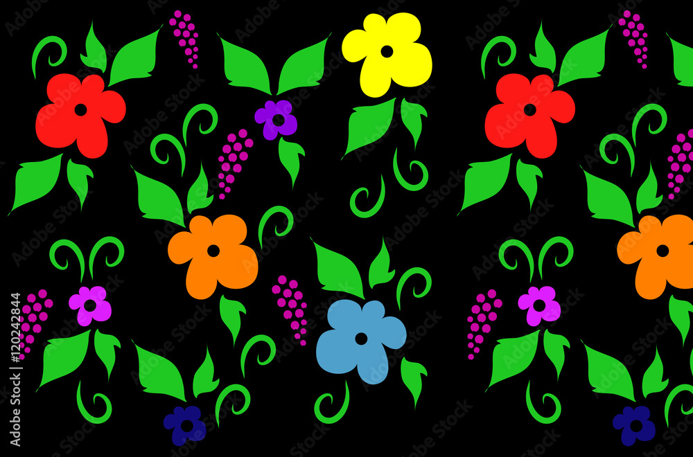 The seamless colorful floral pattern on black