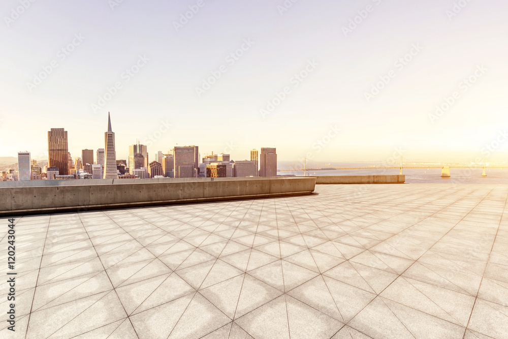 cityscape and skyline of san francisco from empty brick floor