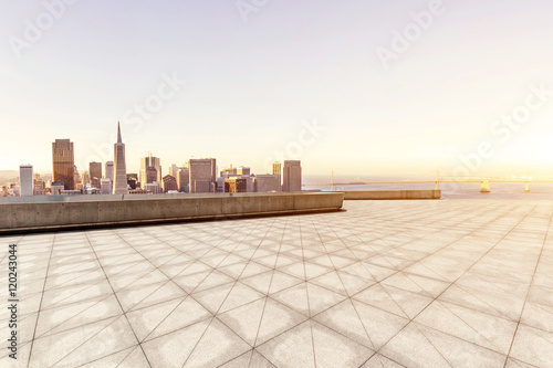 cityscape and skyline of san francisco from empty brick floor