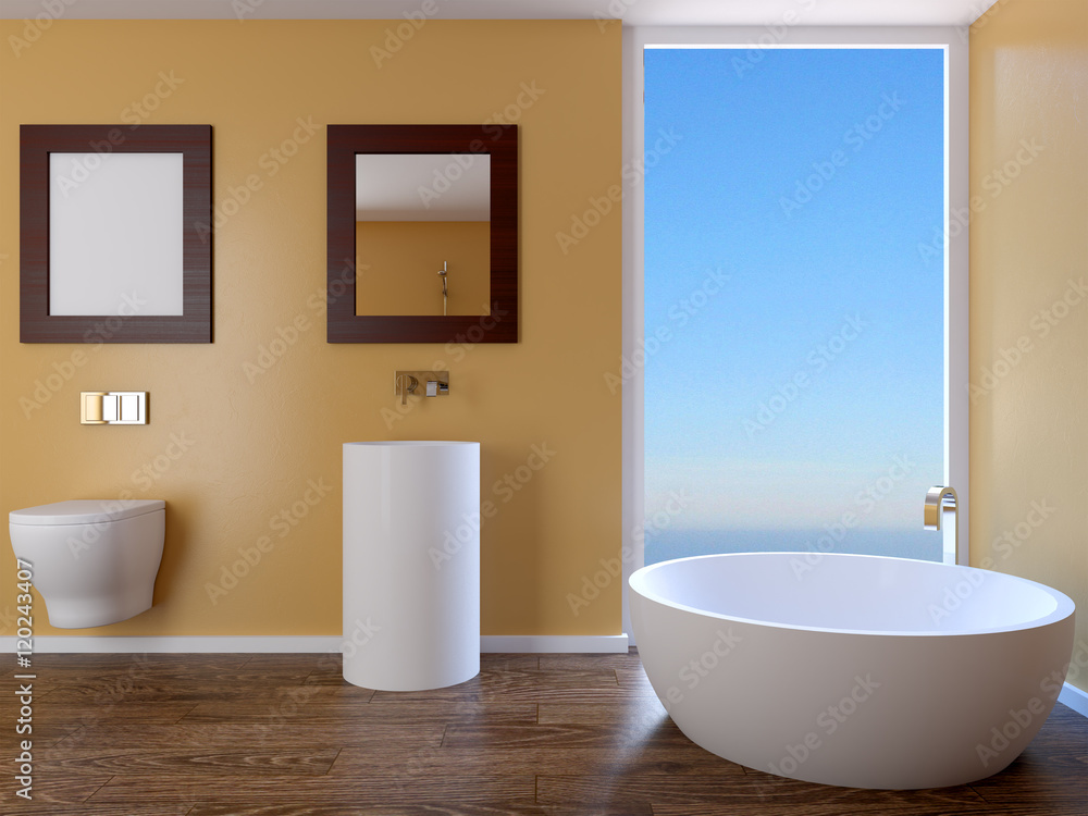 Modern interior of a bathroom in a city apartment. 3D Render Modern interior of a bathroom in a city apartment. 3D Render