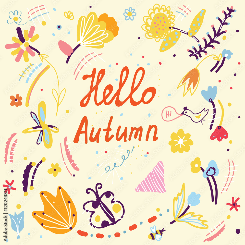 Autumn funny card with floral design and birds