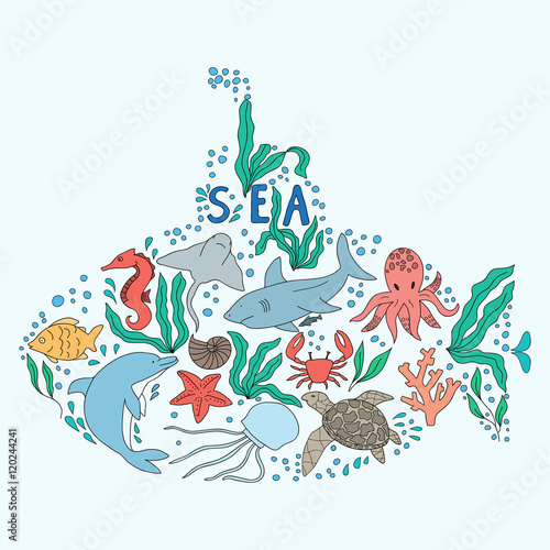 Hand drawn doodle set of sea life. drawn in the shape of a submarine.