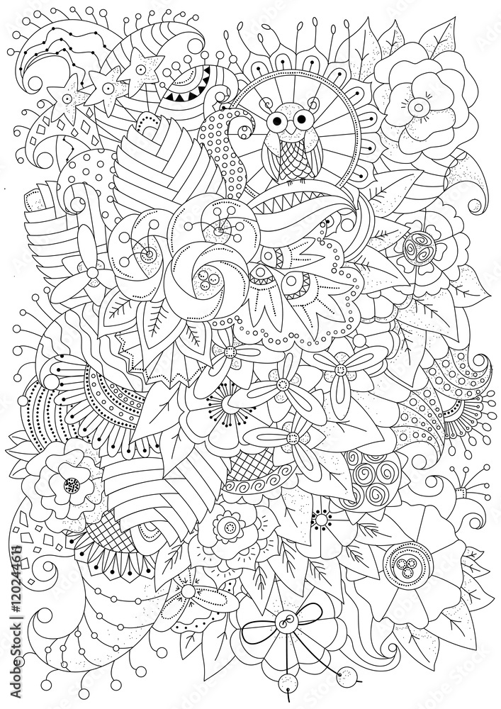 Fototapeta premium Coloring book for adult and older children. Coloring page with flowers and decorative elements
