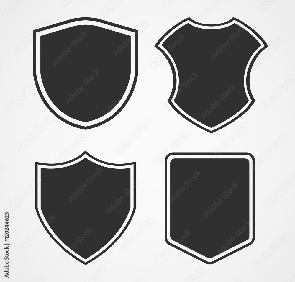 Black shield icon set with different shapes. Black shield icon set with different shapes.