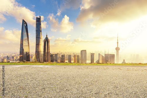 Photography cityscape and skyline of shanghai from empty asphalt road