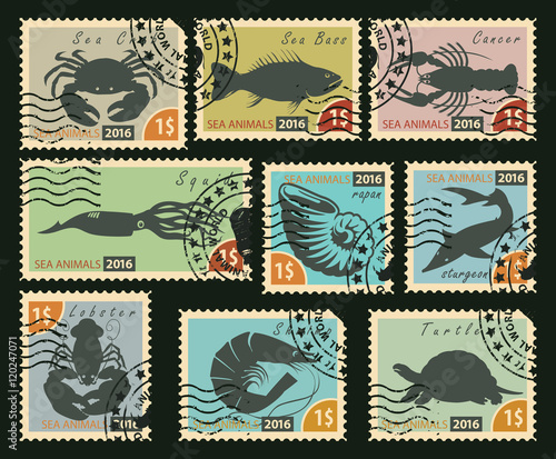 set of postage stamps with silhouettes of sea animals