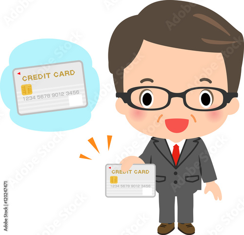 クレジットカードを持ったスーツの中年男性