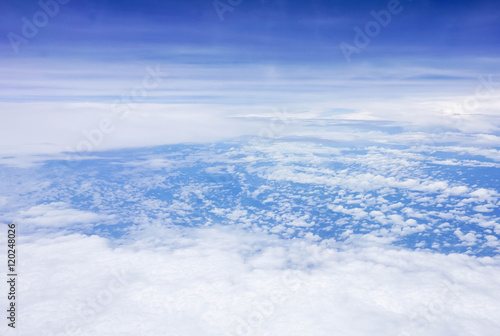 blue sky high view from airplane window clouds shapes
