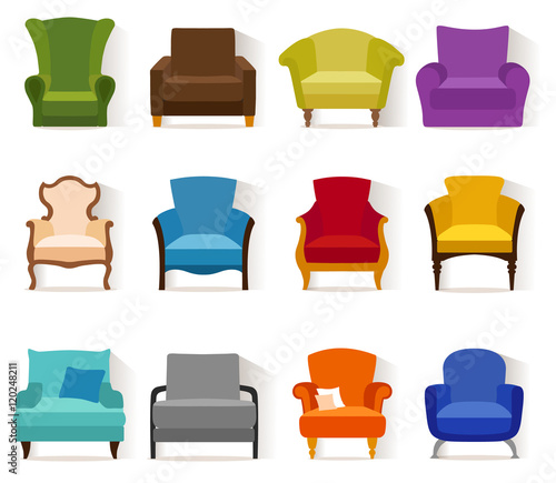 Set of different chairs in flat style. Collection of vector icons of armchairs.