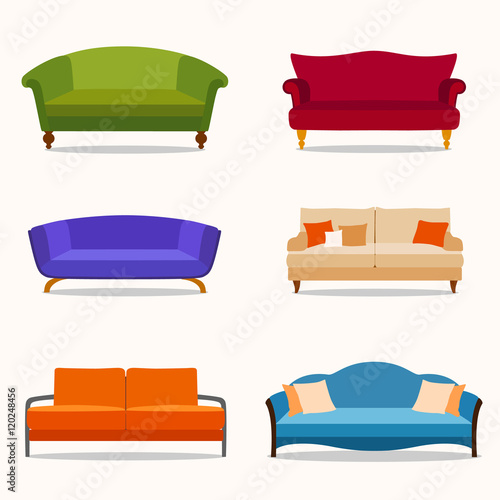 A set of six couches in the flat style. Vector illustration.