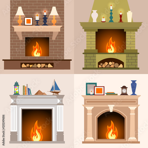 A set of four different fireplaces in flat style. Vector illustration.