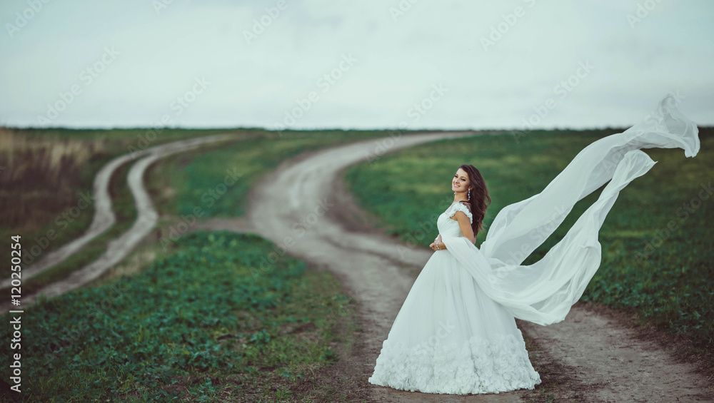 amazing bride standing among a wide field amazing bride standing among a wide field